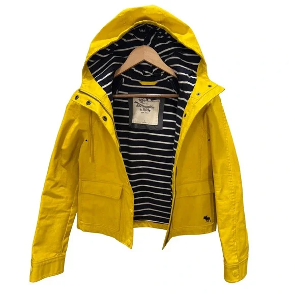 Vintage Abercrombie & Fitch Yellow Hooded Cropped Jacket Women S Moose Logo - Picture 2 of 8